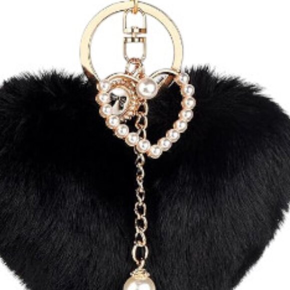 Classy Black Fur Heart Pom-Pom Pearl Accented Large Key Chain Bag Charm - Picture 2 of 6